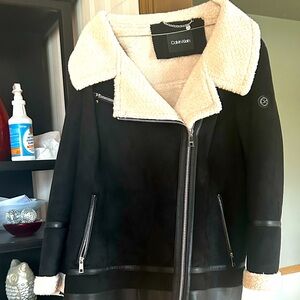Calvin Klein Black Suede Moto Coat with Cream Shearling Accents